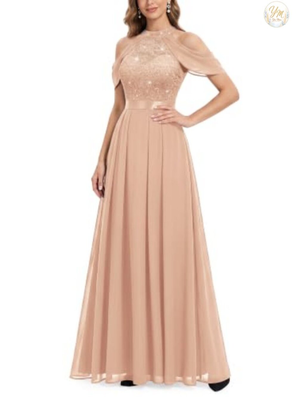 Lace Sequin Chiffon Bridesmaid Maxi Dress Formal Cowl Neck Sleeveless